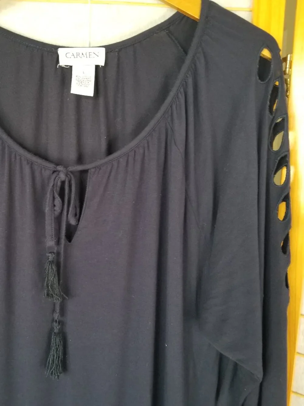 Patriotic Carmen Marc Valvo Navy Blue Tunic Top Size Large Sleeve Cutouts Boho - Picture 8 of 11